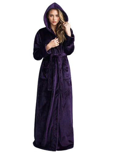 Image of Hellomamma Long Hooded Robe for Women Luxurious Flannel Fleece Full Length Bathrobe Winter Warm Pajamas Shower Nightgown