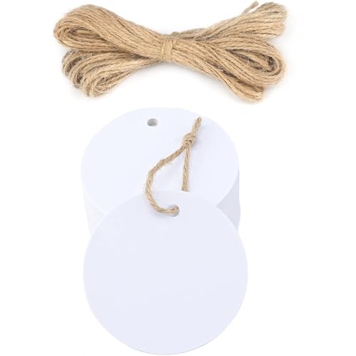 Etiquetas de Papel Kraft, Etiquetas de Regalo, con Cuerda de Yute para Manualidades, etiquetas Kraft navidad, Diseño etiquetas redondas, 5.5 cm Diámetro, Incluye cuerda, 100 unidades