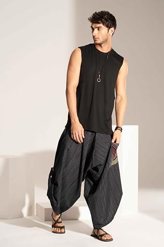 Image of The Veshti Company Cotton Baggy Pants Drop Crotch Harems for Men's Loose Boho Oversized Striped Meditation Yoga Pant with Pocket