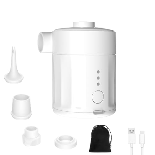 Mojimdo Bomba de Aire Portátil Eléctrica, Bomba de 5000 Pa con Batería, 450L/Min, Bomba de Aire Compacta con 4 Boquillas, para Camping, Colchón de Aire, Anillo Flotante, Cojín de Aire, Bote Hinchable