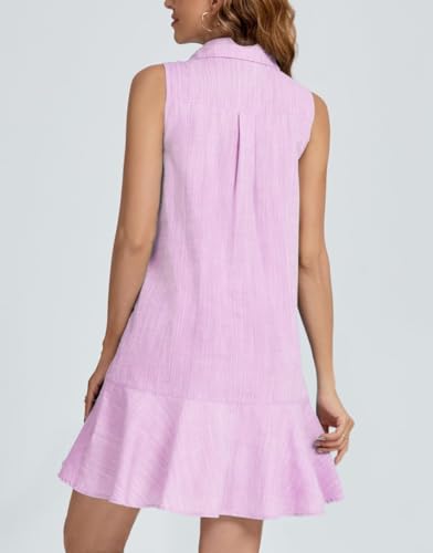 Image of Women Sleeveless Mini Dress Button Down Shirt Dress V Neck Reffle Hem Cotton Linen Tunic Short Dress