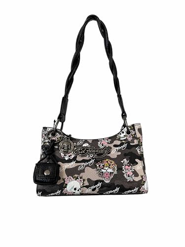 ED HARDY Womens Shoulder Bag, Camo Print with Skull and Rose, Braided Strap, Y2K Tattoo Style Purse, 8.5x5.5 inches (Rebel Ink Camo Noir)
