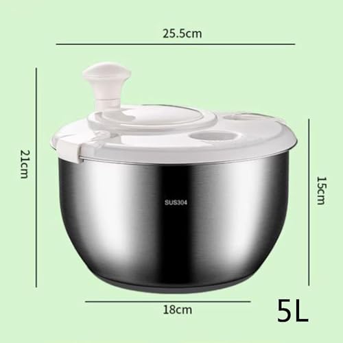 Salatschleuder aus Edelstahl, Gemüsewaschmaschine und Trockner mit PP-Deckel, ideal zum Waschen von Obst, Nudeln und Pommes, 6 l Fassungsvermögen