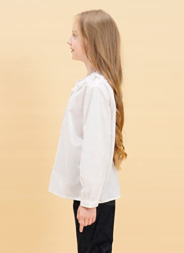 SOLOCOTE Girls White Blouse Ruffle Long Sleeve Button Down Shirts Princess Cotton Loose Soft Tops Spring and Summer, SLN9011 7-8 White