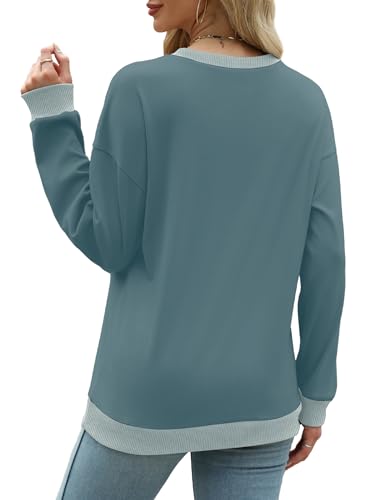 Image of Saloogoe Sweatshirts for Women Crewneck Long Sleeve Loose Fit Tops Color Block Ribbed Trim Fashion 2025