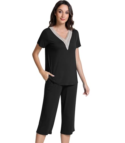 Image of NACHILA Pajamas for Women-Viscose Made from Bamboo, Short Sleeve Sleepwear Soft Capri Pants Pjs Lace V Neck Lounge Sets