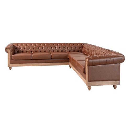 Image of Merax PU Chesterfield Sofa, Retro Style Upholstered 6 Seater Leather Rolled Arm Couch for Living Room Bedroom Office, Light Brown