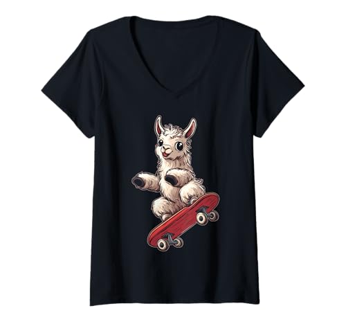 Mujer Divertido Skateboarding Llama Lindo Amante Animal Niña Niño Niños Camiseta Cuello V