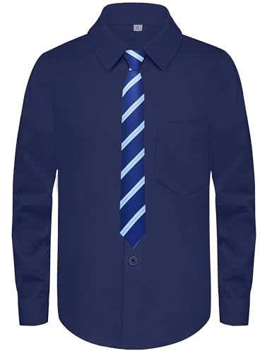 Image of Boys Long Sleeve Button-Down Dress Shirts with Tie: 2 Fabrics (Stretch /Standard) & 2 Fits (Regular /Husky)