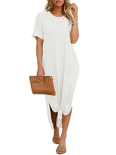 Dyexces Womens Summer T Shirt Dress Casual Drop Shoulder Round Neck Maxi Dresses Loose Side Slit Midi Dress with Pocket White