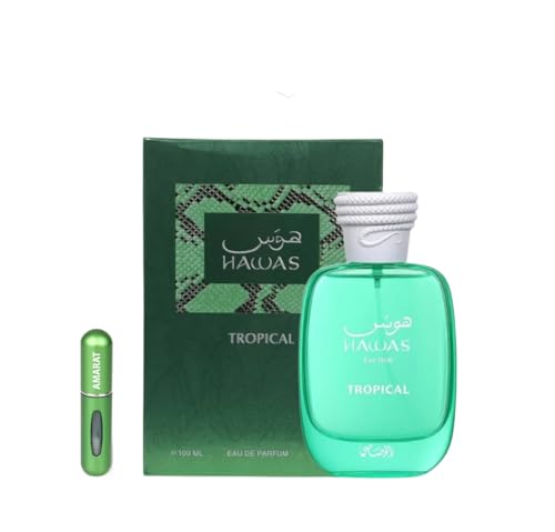 Rasasi Hawas Tropical Eau de Parfum 100ml, Perfume Árabe para Hombre de Larga Duración, Incluye Atomizador Recargable, Fragancia con Notas de Agua de Coco, Higuera, Menta y Haba Tonka (Hawas Tropical)
