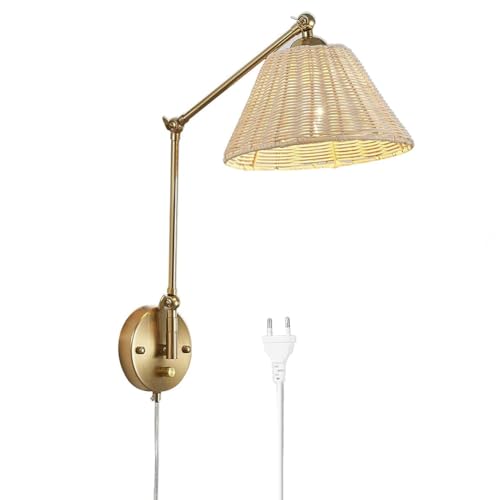 LOGT Vintage Rattan Wandleuchte Boho Verstellbare Lange Arm Wandlampe Gold mit Stecker Kabel Schalter Wand Leselampe Schwenkarm Retro Bambuslampe Swing Arm Metall Deko Wandbeleuchtung,1 stück