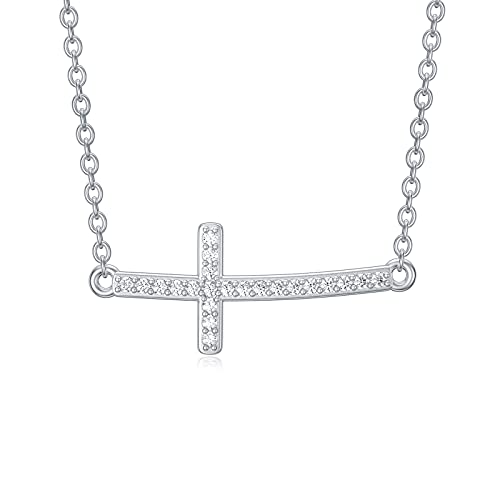 Sterling Silver Diamond Cross Pendant Necklace (1.1Cttw), Sideways Cross Choker Necklace For Women, 16 Inches To 18 Inches #TOP19