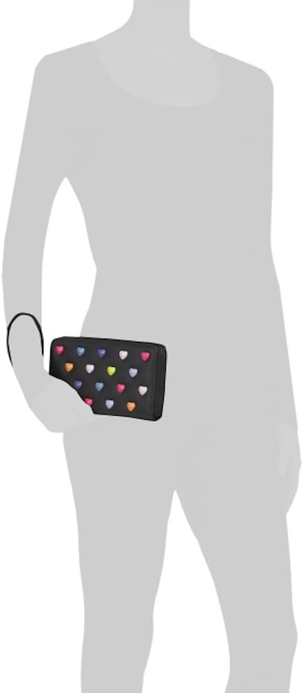 Betsey Johnson Multi Heart Embossed Wristlet, Black with Colorful Hearts, Zip Closure, 8x4.5 Inches, Card Slots and ID Window