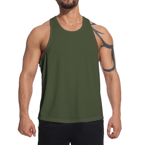 Image of meioro Men's Workout Tank Top Y-Back Mesh Sleeveless Shirts Gym Bodybuilding Fitness Muscle T Shirt Dry Fit Athletic Tops Army Green