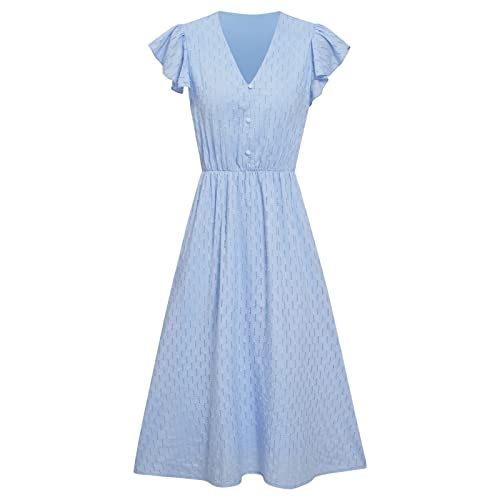 Lnmuld Sexy Dresses For Women Plus Size Dress Women Solid Color Short Sleeve Flutter Sleeve V Neck Buttoned Dress #TOP7