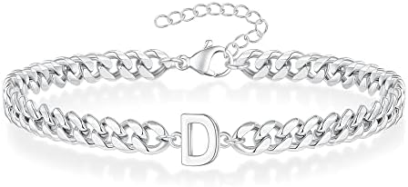 Silver Bracelets for Men Boys, Cuban Link Bracelet for Men Letter D initial Bracelet for Men Silver Chain Bracelet for Mens Jewelry Mens Silver Bracelets for Boys Mens Chain Bracelet Gifts for Men