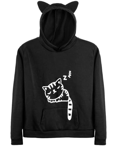 RGOSME Hoodies for Teen Girls, Cat Hoodie for Women Girl Sleeping Cat Printed Pullover Sweatshirt Tops (Black,M)