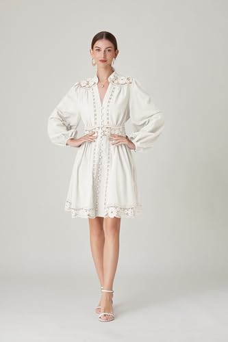 Image of LAI MENG FIVE CATS Women's V-Neck Elegant Lace Long Sleeve Lantern Sleeve Button up Casual Mini Dress
