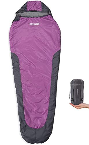 Where Tomorrow Schlafsack Small and Light - 220 x 80 x 50 cm - inkl. Packsack - kleines Packmaß 26 x 14 cm gepackt - 700g - Ultraleicht - für Outdoor, Backpacking - Grau/Lila