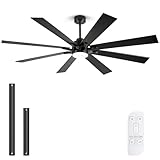72 Inch Ceiling Fan with Lights, Large Outdoor Ceiling Fans with Light, Black Industrial Ceiling Fan 8 Blades For Great Room, Large Living Room Patio Farmhouse Damp Rated, Quiet Reversible DC Motor