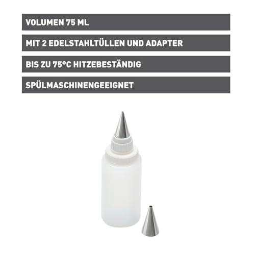 Foto von Original Kaiser Inspiration Spritzflasche mit 2 Edelstahl-Tüllen, Dekorierflasche, Quetschflasche 75 ml, Kekse verzieren, Beschriften von Torten, Kuchen, Tellerrand