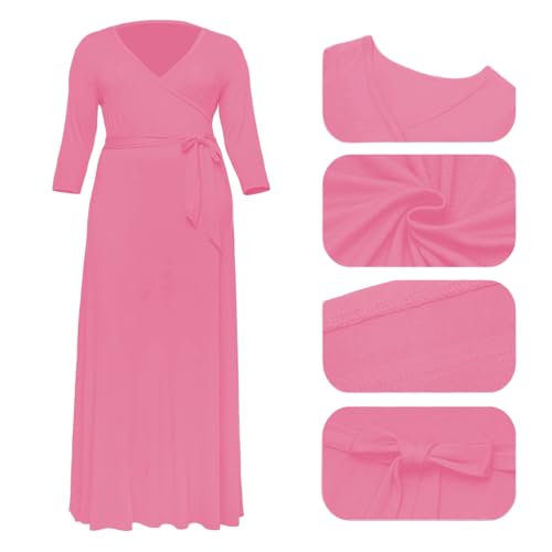 Image of Plus Size Dresses for Women Floral Maxi Dress Flowy 3 /4 Sleeve Oversize Long Dresses with Belt Hot Rose 2XL