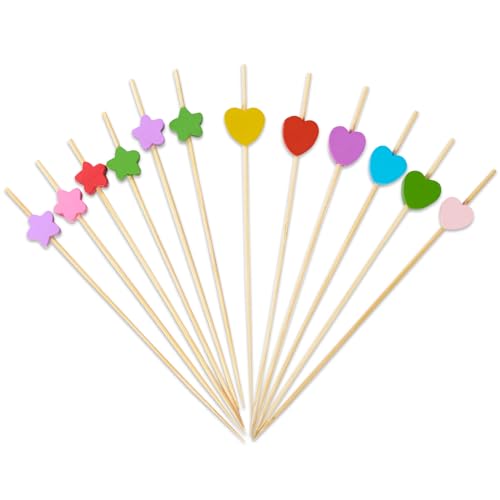 Cocktailspieße, 200 Stück Bunte Holzspieße Fingerfood Spieße Cocktail Picks Sticks Holz Zahnstocher Partyspieße Zubehör Deko für Kuchen Party Hochzeit (Herz, Stern)