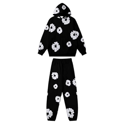 Generico 𝐃𝐞𝐧𝐢𝐦 𝐓𝐞𝐚𝐫𝐬 Tuta Lunga, Uomo/Donna Originale Felpa con Cappuccio e Pantaloni Completo Sportivo Y2K Felpa Manica Lunga Stampa Fiori Taglie Forti Casual Abbigliamento Jogging