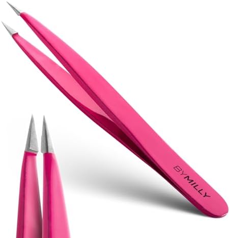 Pointed Tweezers | High Carbon Stainless Steel Needle Nose | Fine Point Precision Hair Removal | Perfectly Aligned & Hand-Filed Sharp | Pink