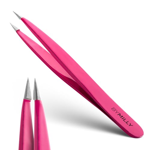 Pointed Tweezers | High Carbon Stainless Steel Needle Nose | Fine Point Precision Hair Removal | Perfectly Aligned & Hand-Filed Sharp | Pink