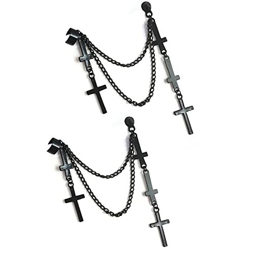 2Pcs Punk Layered Cross Long Threader Tassel Link Chain Dangle