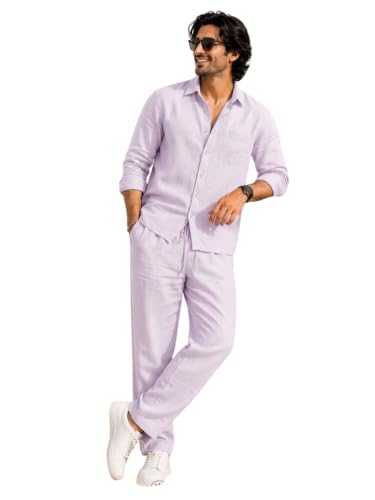 Image of Men's Premium Linen Co-Ord Set | Regular Fit Full Sleeve Solid Shirt with Drawstring Trouser | Breathable Linen Casual Outfit for Summer, Travel, Beach, Vacation & Daily