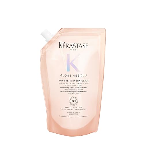 Kérastase Gloss Absolu Bain Crème Hydra-Glaze, Shampoo for Shiny, Thick and Curly Hair, Anti-Frizz Care with Hyaluronic Acid and Glycolic Acid, Volume and Moisture, Sulphate-Free, Refill 500 ml