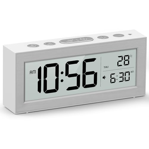 Image of Digital Alarm Clock for Bedroom, Bedside Clock with Adjustable LED Display, Temperature & Calendar, Battery Powered Alarm Clock with Snooze(White)