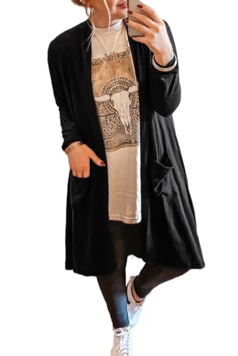 Women's Black Solid Color Open Front Cardigan with Pocket