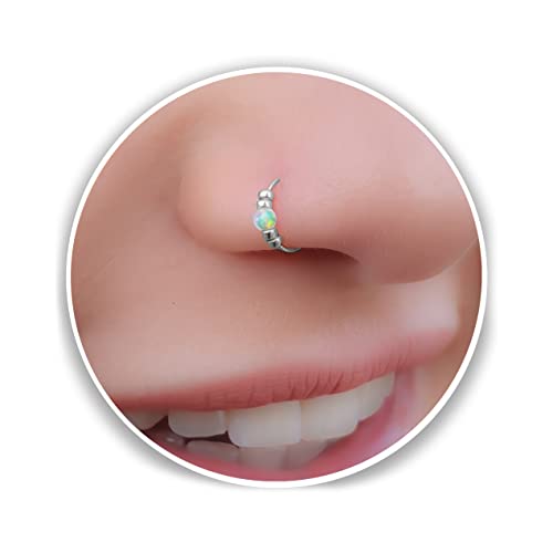 Opal Nose Ring -Ultra Thin 24G Sterling Silver Nose ring piercing ring - white opal - 7mm nose hoop