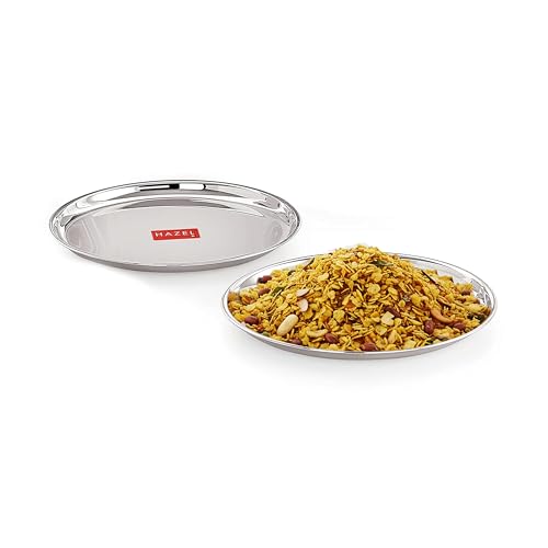 Image of HAZEL Stainless Steel Dinner Plate with Glossy Finish | Thali Plates for Kitchen | Serveware Snacks Plates for Kids | Breakfast Plates Set of 2, 21 cm