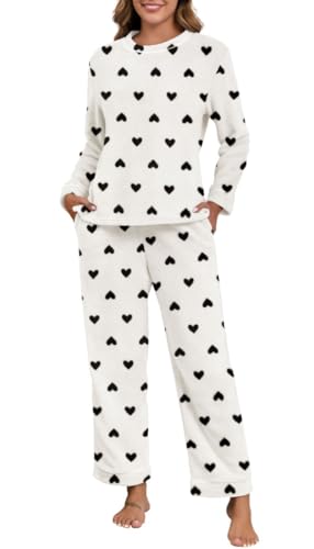 PrinStory Pyjamas Sets For Women Fuzzy Fleece Pajamas Long Sleeve Tops And Wide Leg Pants Flannelette Lounge Wear Sets (White Black Heart, L)