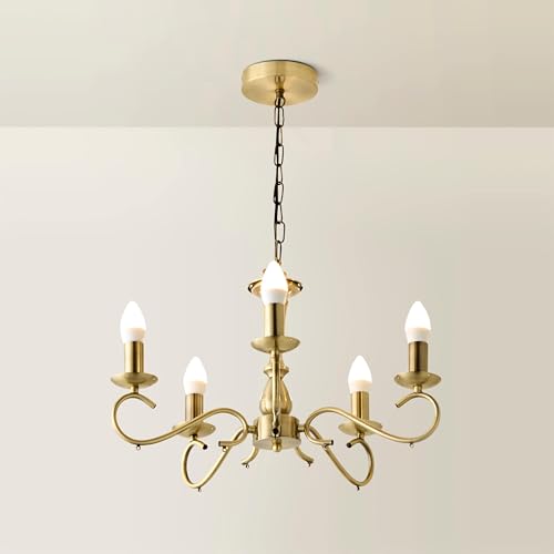 MiniSun | Modern Antique Brass 5 Way Crystal Jewel Chandelier Ceiling Light Fitting | Home Décor, Bedside & Desk Lamp | Mains Wired