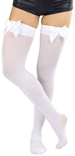 Image of ToBeInStyle Women's Opaque Long Thigh High Stockings w /Decorative Front Satin Bow