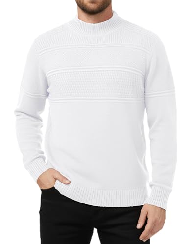 Image of MLANM Mens Turtleneck Sweater Casual High Roll Neck Jumper Slim Fit Solid Color Knit Sweater Warm Turtleneck Pullover Winter Jumper Textured Twisted Knitted Pullover, White L