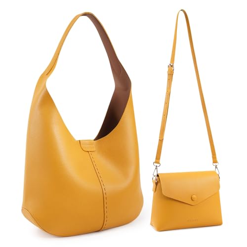 Image of HKCLUF Hobo Bags Purses for Women 2PCS /Set,Soft Vegan Leather Slouchy Shoulder Hobo Handbags with Small Crossbody Bags for Women(yellow)