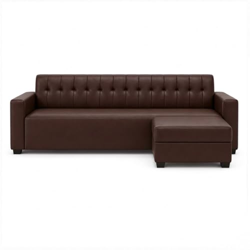 Image of FURNY Luxe 4 Seater L Shape Sofa Set with Movable Ottoman | Flexible Left or Right Layout | Premium Leatherette Upholstery (Dark Brown) | Perfect for Living Room, Guest Room & Office