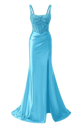 Mermaid Satin Sequin Prom Dresses for Women 2026 Spaghetti Straps Lace Applique Sparkly Evening Dress with Slit Beaded Backless Formal Party Gown Sky Blue 0