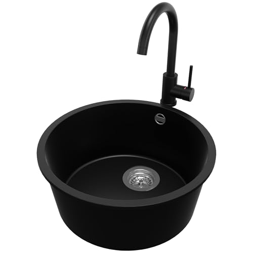 PRIMAGRAN Evier cuisine Granit Rond Noir 46x46cm, Evier 1 bac + Robinet 32x20cm + Kit de Vidage, Lavabo Cuisine al mueble 50cm - La Valette Slim S011