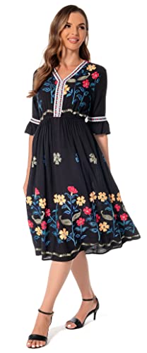 Image of Shineflow Women's Short Sleeve Mexican Embroidered Floral Pleated Midi A-line Cocktail Dress