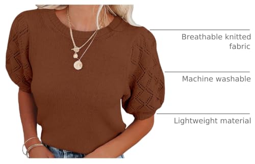 Image of Womens Short Sleeve Sweaters Crewneck Knit Pullover Tops 2025 Summer Casual Lightweight Crochet Blouse Shirt