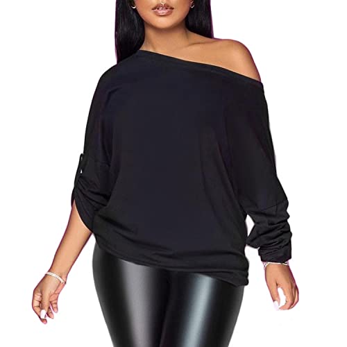 PESION Womens Off The Shoulder Tops Sexy Shiny Metallic Shirts Long Sleeves Fashion Graphic T-Shirts Blouses Solid Black Medium