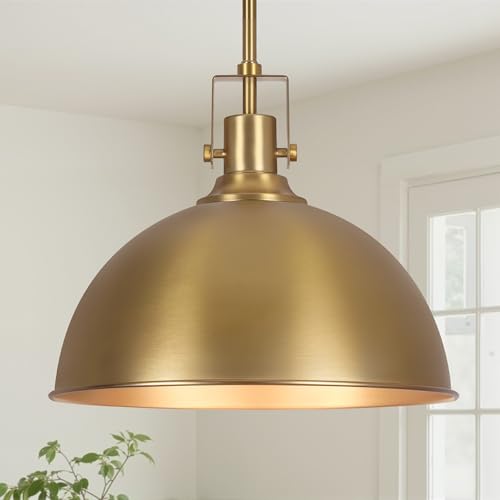 LamQee 13 Inch Brushed Gold Metal Pendant Light Kitchen Island, Farmhouse Modern Dome Pendant Light Fixtures Ceiling Hanging Lighting Chandelier for Dining Room Over Table, Bar, Hallway, Entryway by LamQee - Used condition - US$80.00